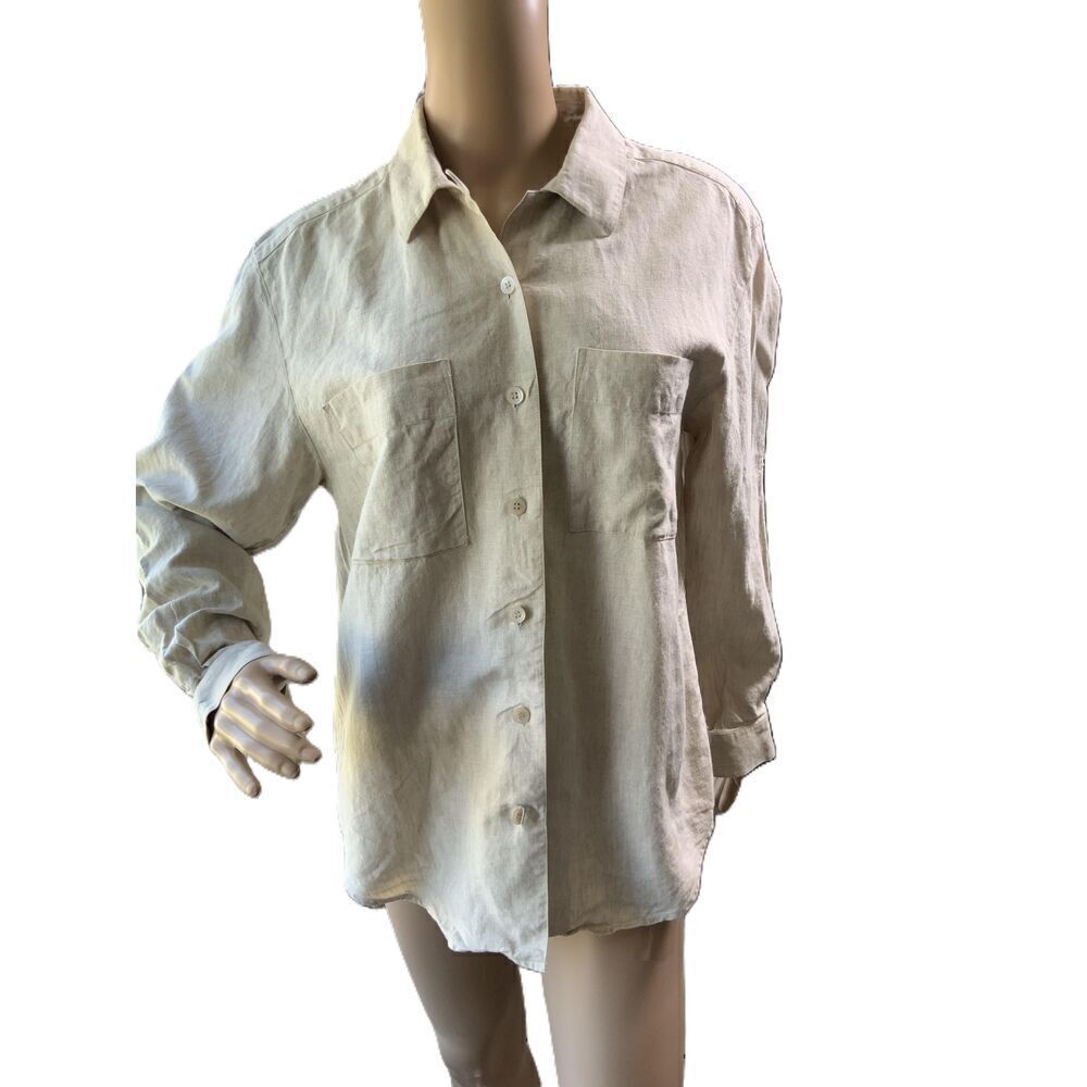 Talbots Beige Linen Long Sleeve Collared Button Up Shirt Size 8